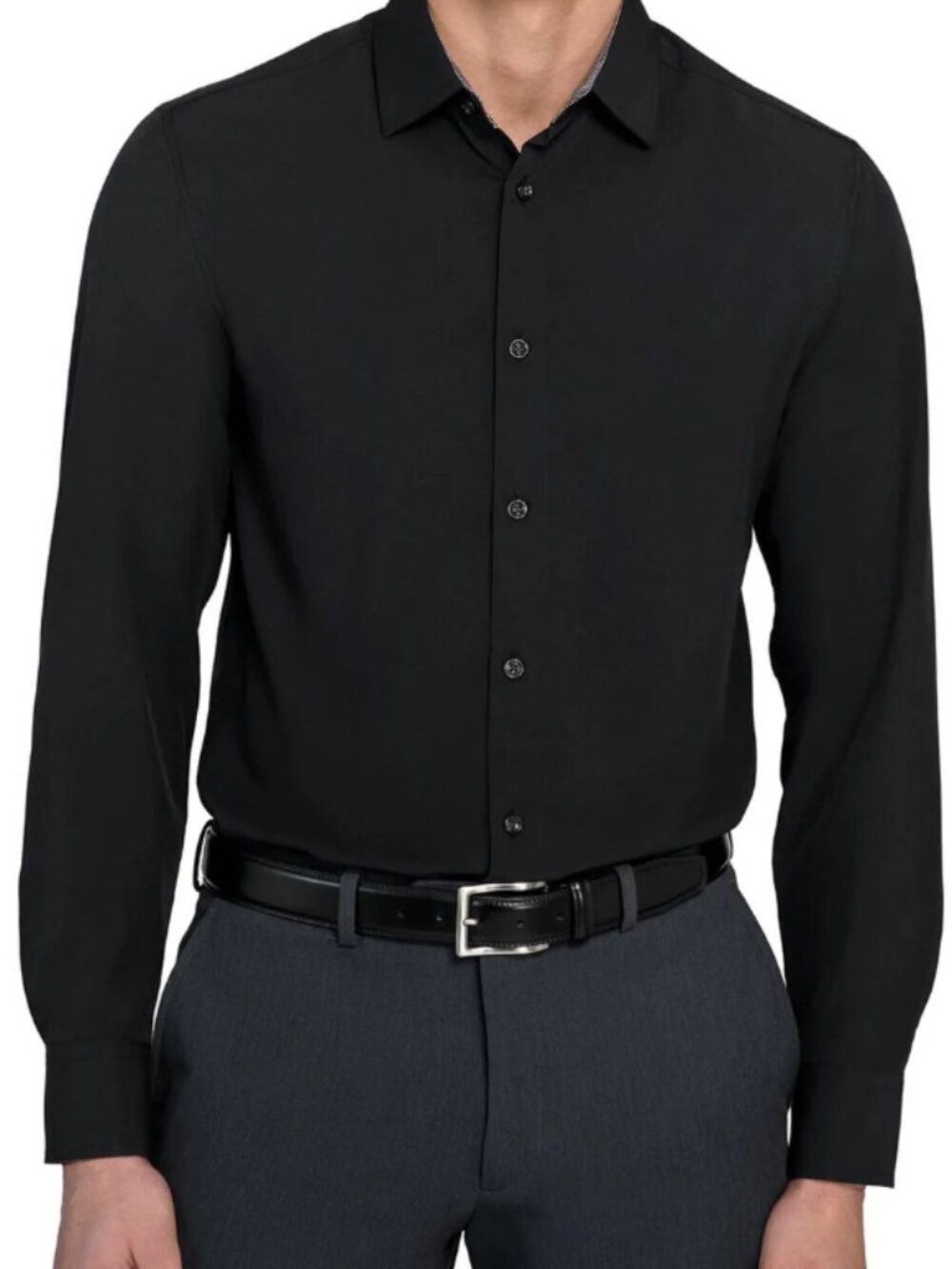 CON>STRUCT 4 Way Stretch Solid Black Men's Performance Woven Dress Shirt NWT